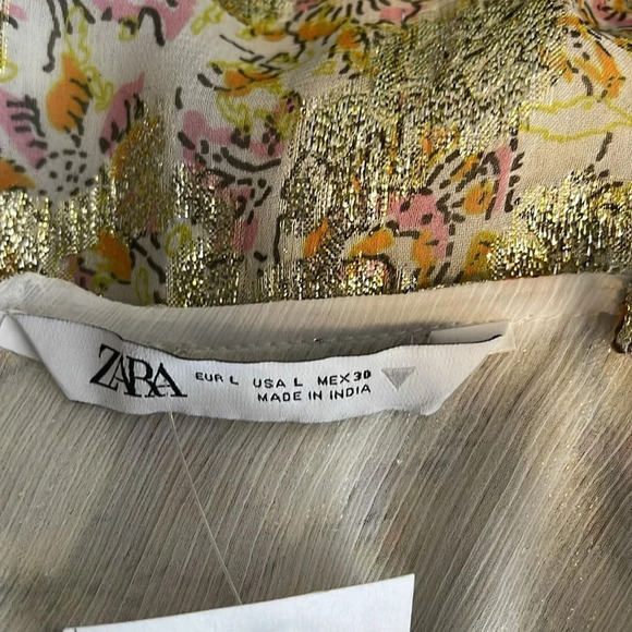 ZARA NWT Metallic Gold Floral Flowy Cami Tank Ivory Spaghetti Strap Coquette L - Picture 8 of 12